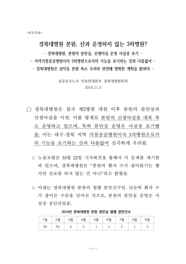 [보도자료] 경북대병원 본원, 산과 운영하지 않는 3차병원?