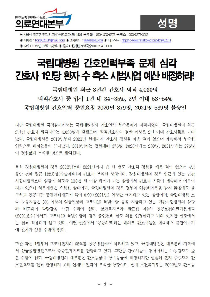 간호사 1인당 환자 수 축소 시범사업 예산 배정하라!